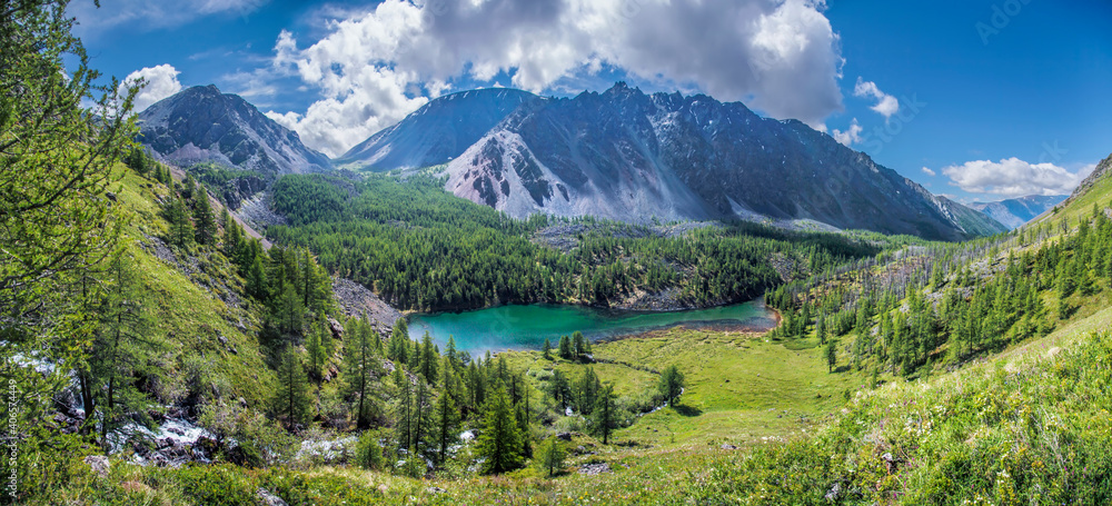 Wild mountain lake on a summer day, panoramic view