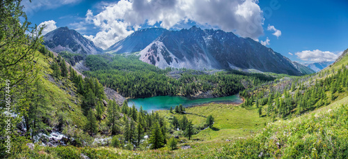 Wild mountain lake on a summer day, panoramic view