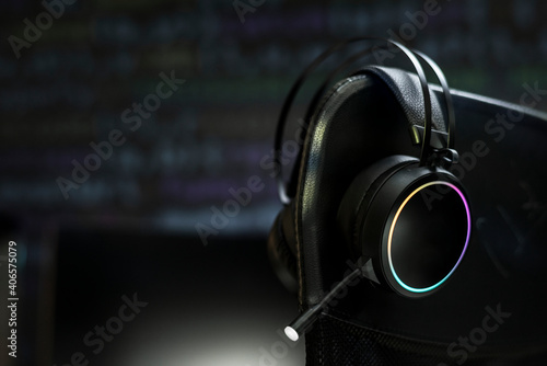 Black headphones in the dark room photo