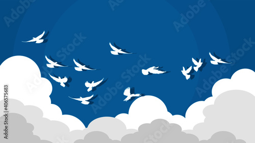 flock of flying birds. migrating birds on a blue background with clouds
