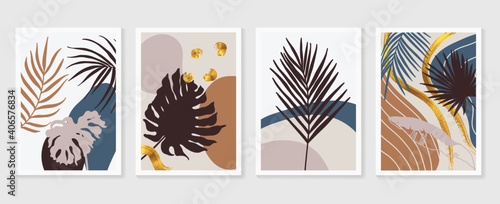 Botanical and gold abstract wall arts vector collection.  Golden and luxury pattern design with leaves line arts, Hand draw Organic shape design for wall framed prints, canvas prints, poster, home dec
