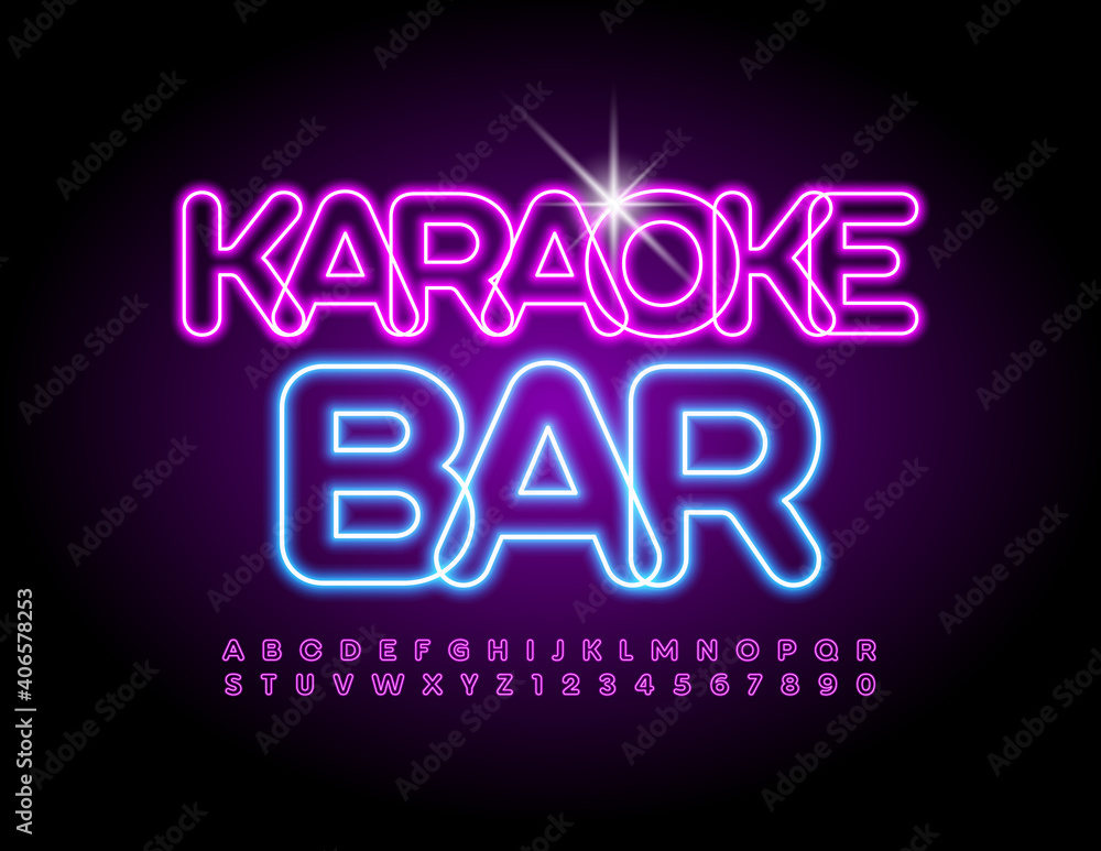 Vector neon poster Karaoke Bar. Glowing bright Alphabet Letters and Numbers set. Electric light Font