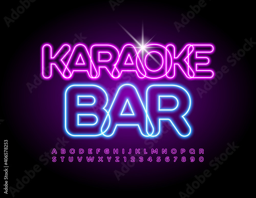 Vector neon poster Karaoke Bar. Glowing bright Alphabet Letters and Numbers set. Electric light Font