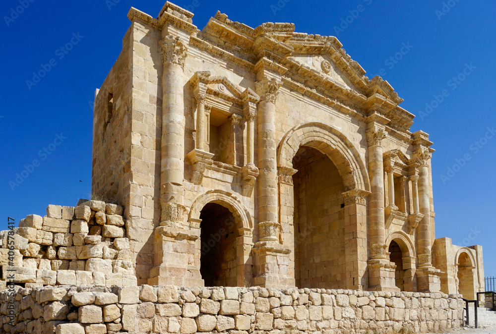 Jordan, Amman, the Hadrians Arch is the entrance portal of the roman city of Jerash or Gerasa.