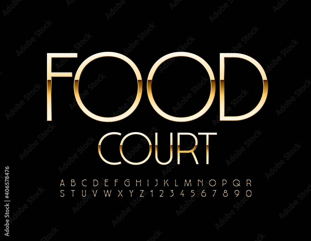 Vector elite sign Food Court. Luxury Elegant Font. Stylish Gold Alphabet Letters and Numbers set Vector elite sign Food Court. Luxury Elegant Font. Stylish Gold Alphabet Letters and Numbers set