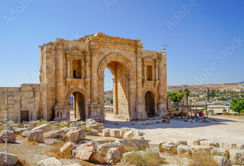 Jordan, Amman, back side of the Hadrians Arch is the entrance portal of the roman city of Jerash or Gerasa. photo