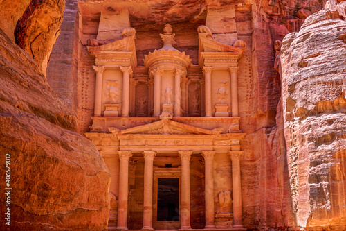Jordan, Petra, the first glimpse when you enter Petra, the Nabatean mausoleum Al-Khazneh or the Treasure. 