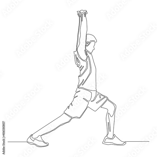Continuous drawing line of man stretching his arms over his head vector. warm up before running or exercise.