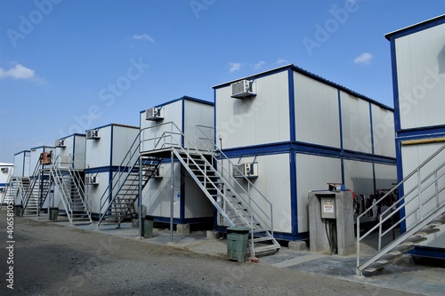 Portacabin, porta cabin, temporary labours camp , Mobile building in industrial site or office container Portable house and office cabins. Labor Camp. Porta cabin. small temporary houses
