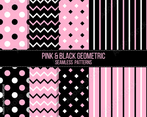 pink and black geometrical seamless patterns set