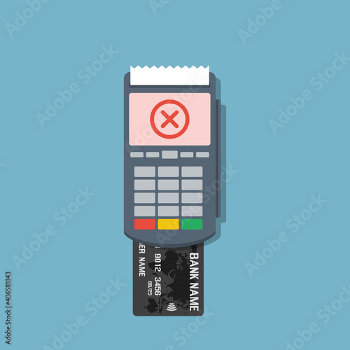 bank credit or debit card with pos terminal, failed payment flat vector illustration