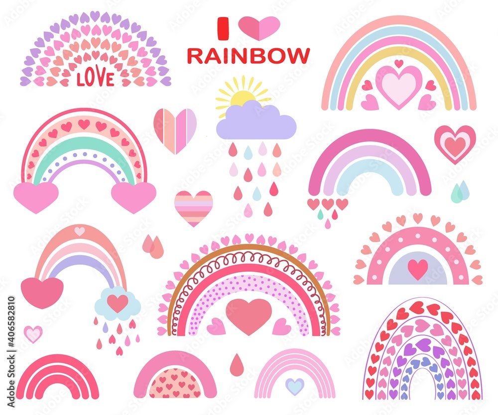 Cute vector heavenly set: rainbows, clouds, sun, rain, drops. For children's textiles, decor, postcards, albums, posters. Drawn in a flat style. Hearts, love, Valentine's Day, romance.