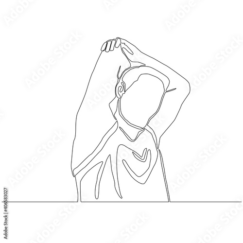 Continuous drawing line of man lifting right elbow up and using left hand to pull close his head vector. stretching arm,warm up before exercise concept.