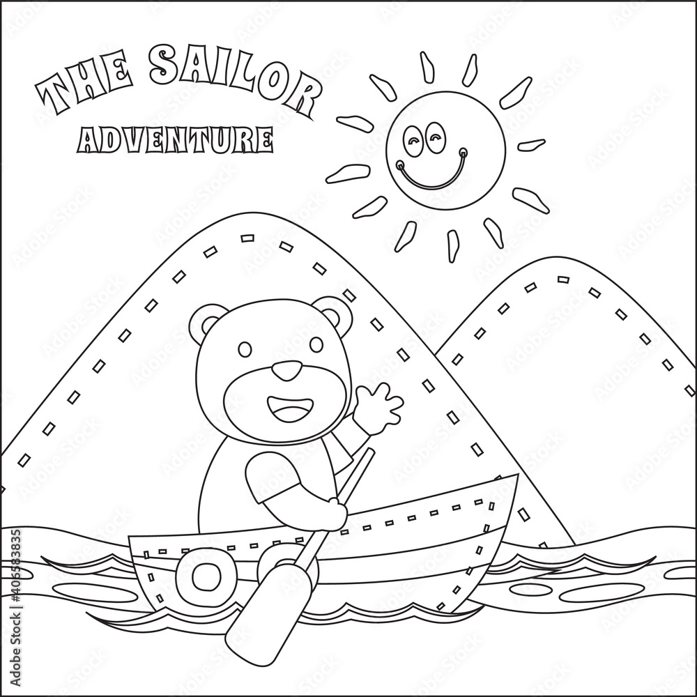 Fototapeta Cute bear sailor on the boat with cartoon style. Creative vector Childish design for kids activity colouring book or page.