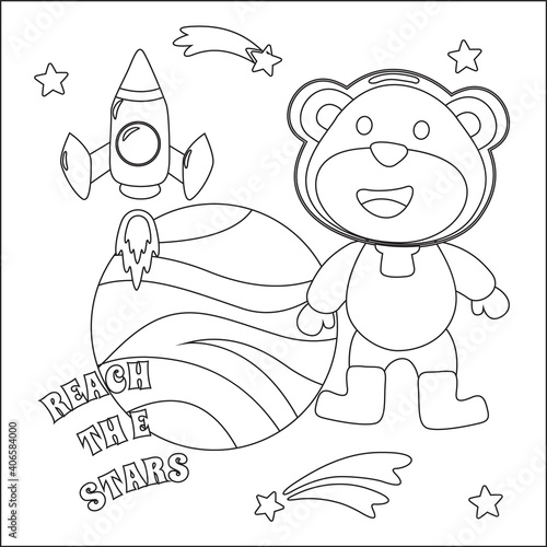 Space bear or astronaut in a space suit with cartoon style. Creative vector Childish design for kids activity colouring book or page.