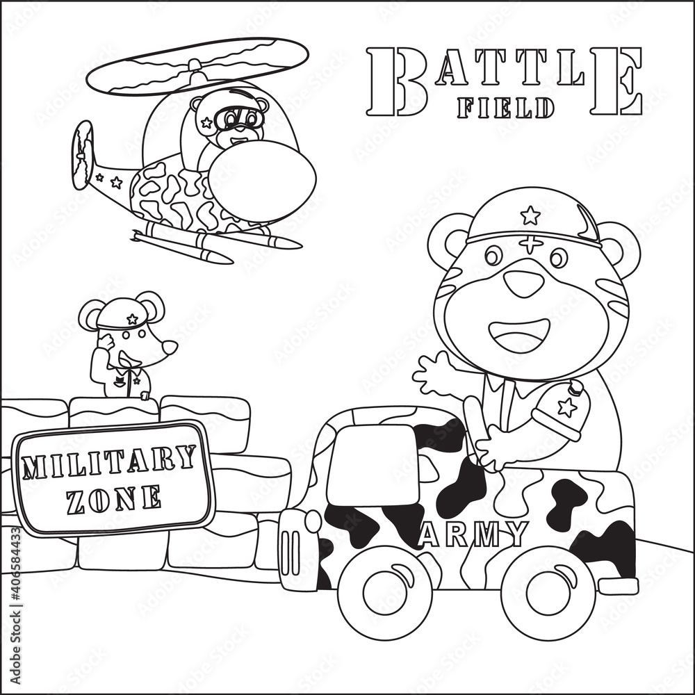Vector cartoon of animal soldier driving military vehicle. Cartoon isolated vector illustration, Creative vector Childish design for kids activity colouring book or page.