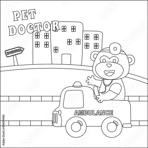 Vector ambulance with cute animals inside. monkey doctor driving emergency car. Cartoon isolated vector illustration, Creative vector Childish design for kids activity colouring book or page.
