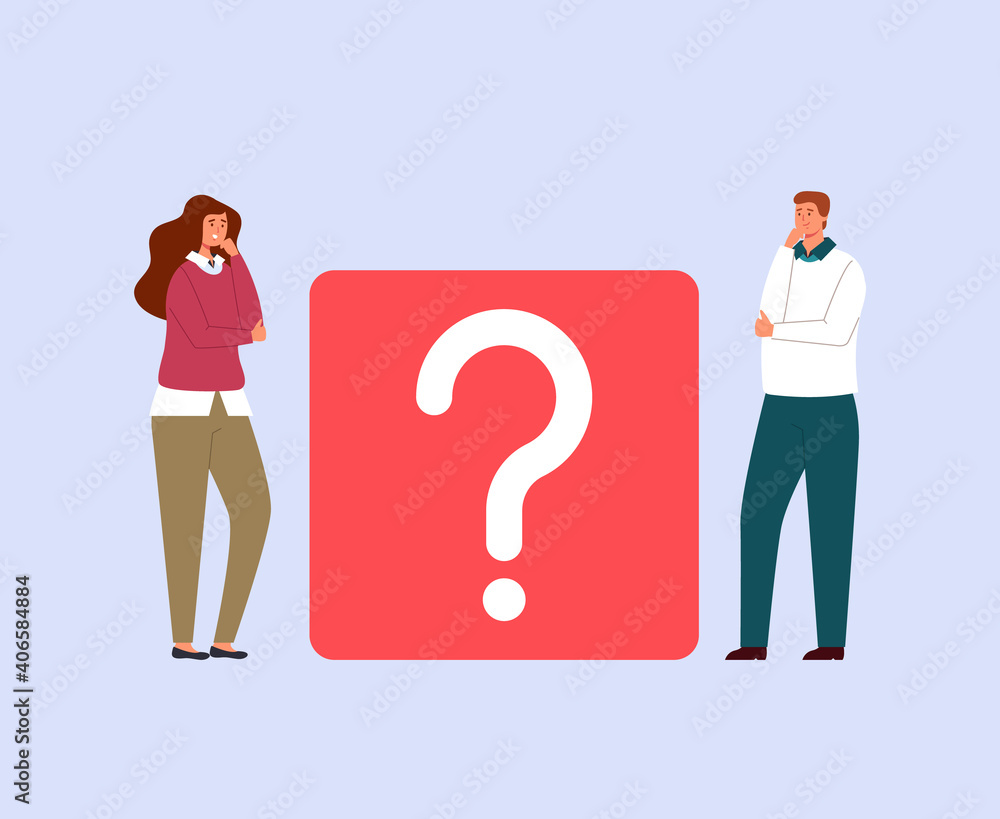 Man and woman characters asking question and thinking. Vector flat graphic design simple illustration Man and woman characters asking question and thinking. Vector flat graphic design simple illustration