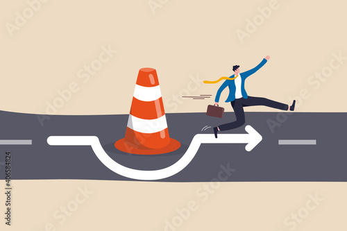 Overcome business obstacle, blocker, effort to break through road block, solution to solve business problem concept, smart bravery businessman run the way around and jump pass traffic pylon roadblock.