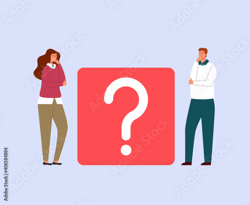Man and woman characters asking question and thinking. Vector flat graphic design simple illustration