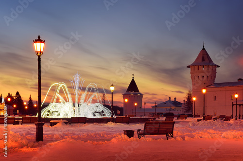 Tobolsk Kremlin in winter. Bright dawn on the square near Gostiny Dvor in the first capital of Siberia