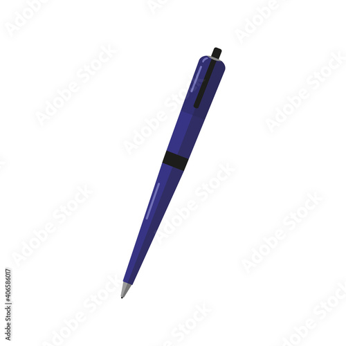 Classic ballpoint pen in blue. Stationery for signing documents. Isolated element on a white background. Vector illustration. Flat style.
