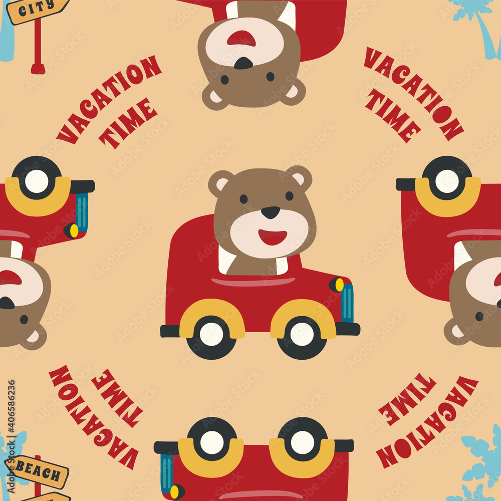 Vector seamless pattern with Happy Animal travels by car. Cartoon, Creative vector childish background for fabric, textile, nursery wallpaper, poster, brochure. Vector illustration background Vector seamless pattern with Happy Animal travels by car. Cartoon, Creative vector childish background for fabric, textile, nursery wallpaper, poster, brochure. Vector illustration background
