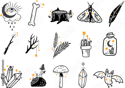 Green witch stuff. Witchcraft, magic elements. Wicca and pagan tradition. Vector Hand drawn elements. Magic set with stars