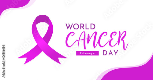 Modern Horizontal banner World Cancer Day Vector Illustration with color and ribbon purple. Landscape Poster for web, social media or print.