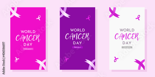 Set of World Cancer Day Poster on February 4 vector illustration with 3 color variation and ribbon. Vertical banner perfect for story social media post