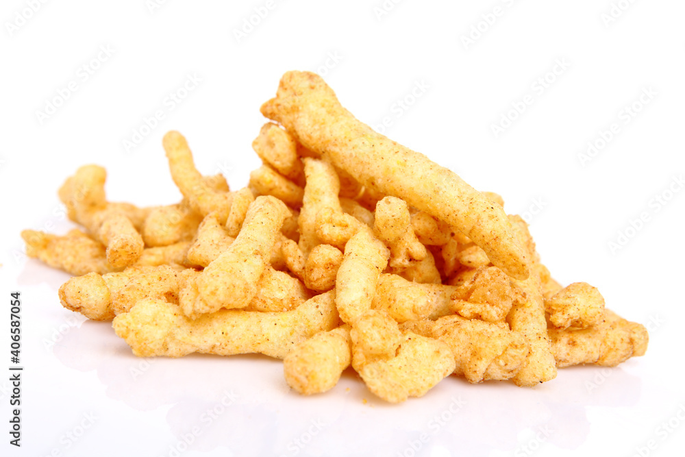 Cheese curls isolated on a white background Cheese curls isolated on a white background
