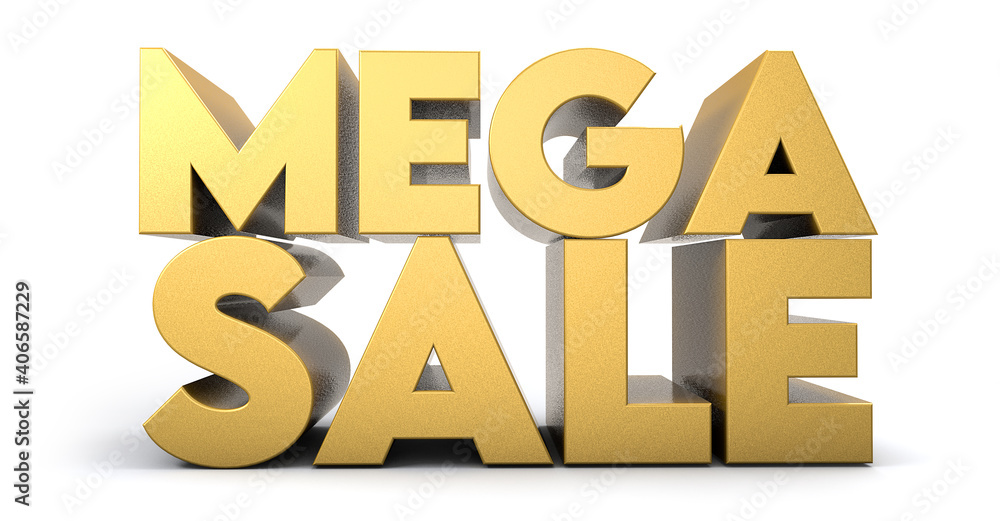 Mega sale word made from realistic gold isolated on white background. 3d illustration. Mega sale word made from realistic gold isolated on white background. 3d illustration.
