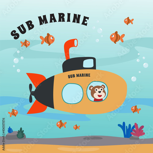Diving with funny monkey driving submarine. Creative vector childish background for fabric, textile, nursery wallpaper, poster, card, brochure. vector illustration background.