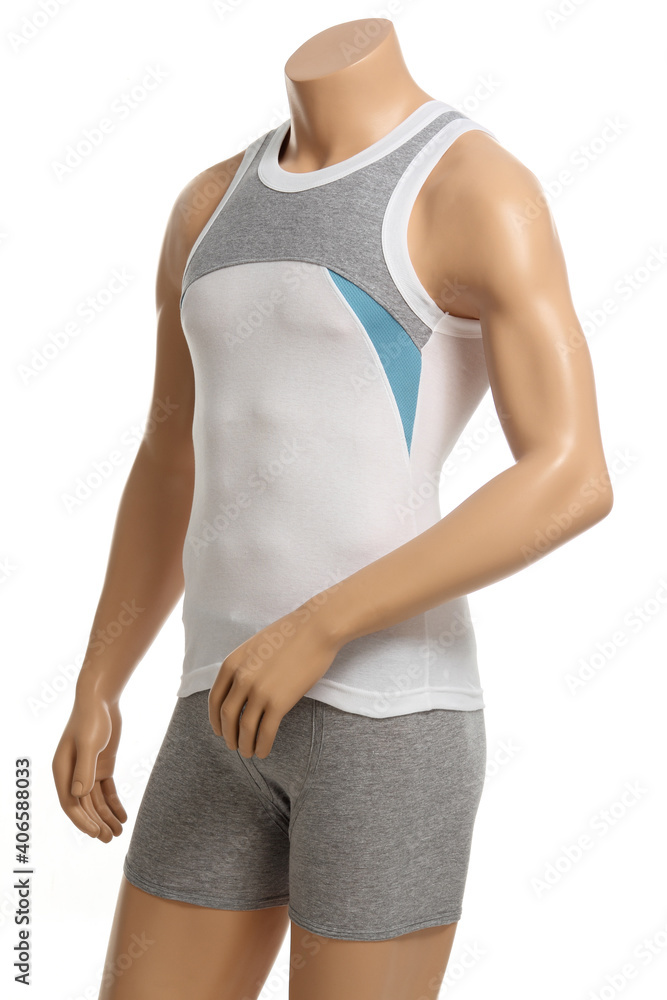 Mannequin with brief and vest on white background. Mannequin with brief and vest on white background.
