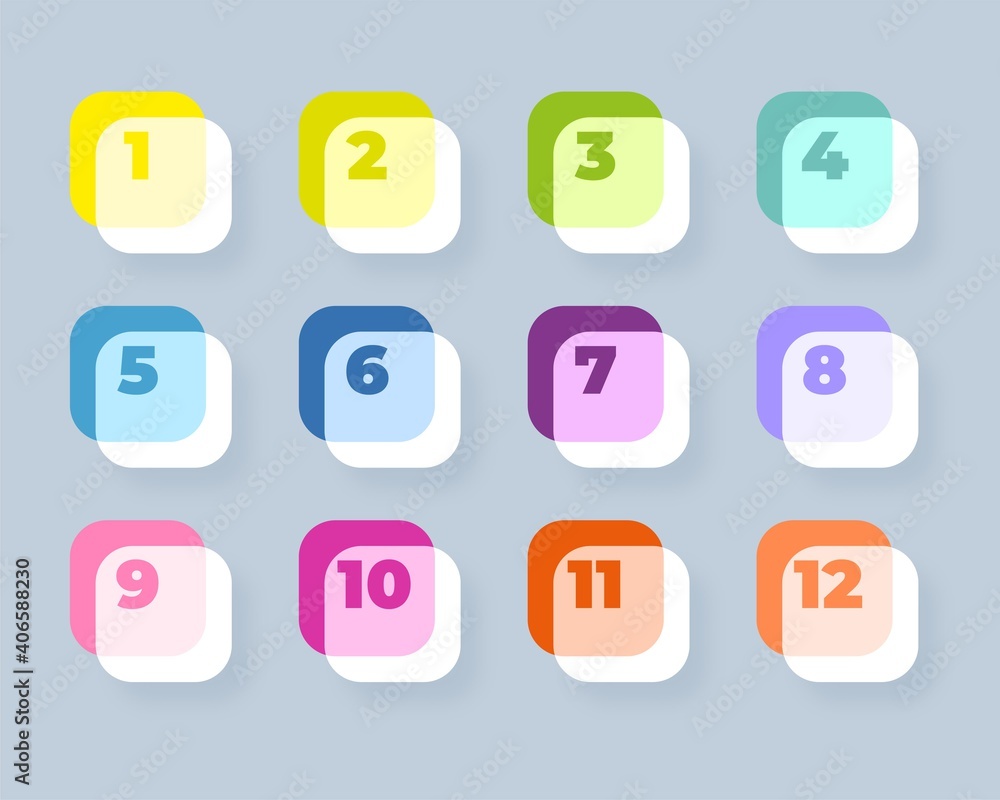Number bullet points 1 to 12. Modern square shapes. Colorful markers Number bullet points 1 to 12. Modern square shapes. Colorful markers