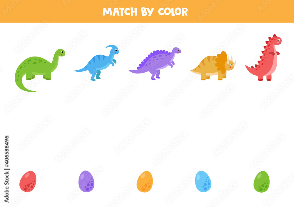 Fototapeta premium Color matching game for kids. Connect dinosaur and egg.