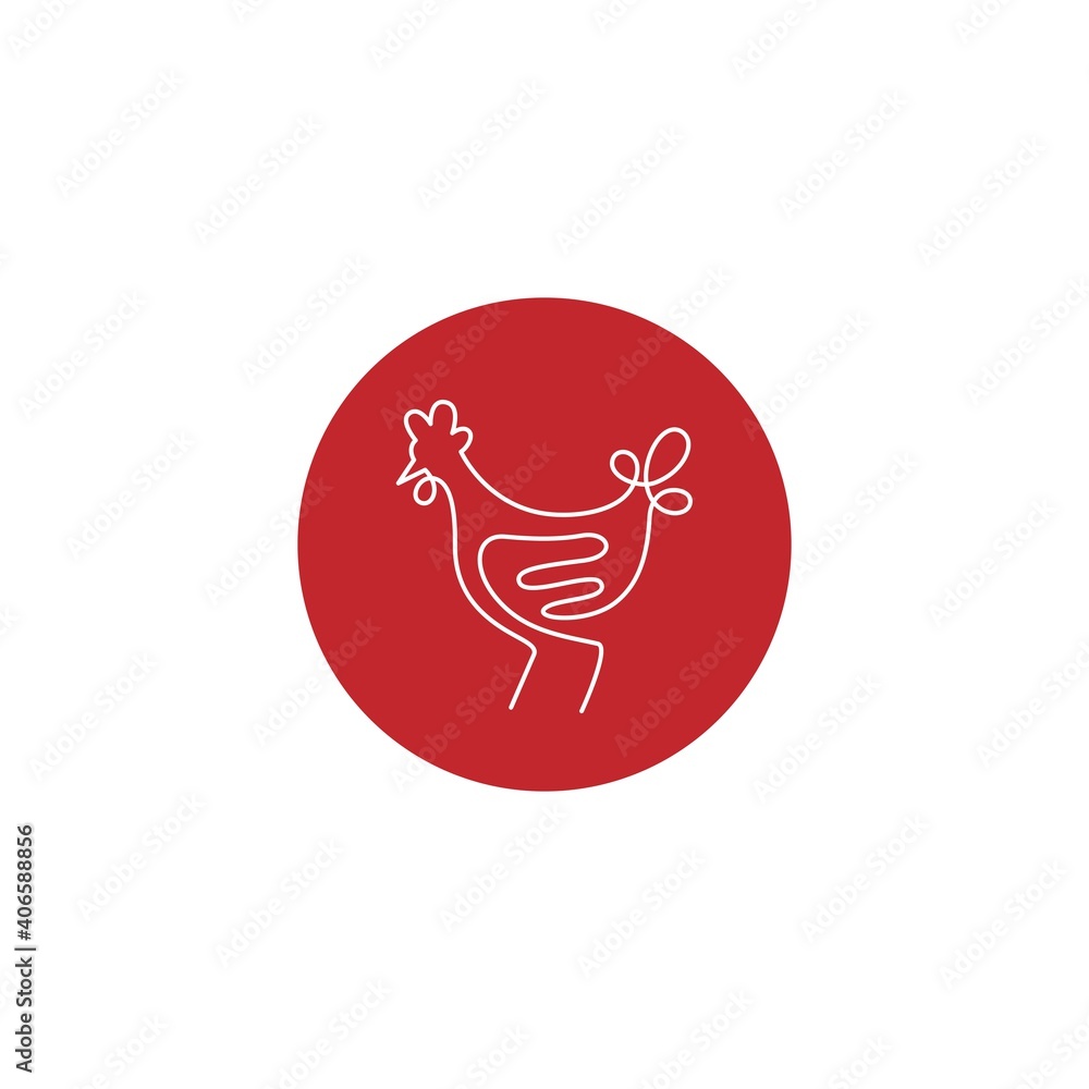 Chicken icon logo with monoline style design. One line continuous chicken on red circle background. Chicken icon logo with monoline style design. One line continuous chicken on red circle background.