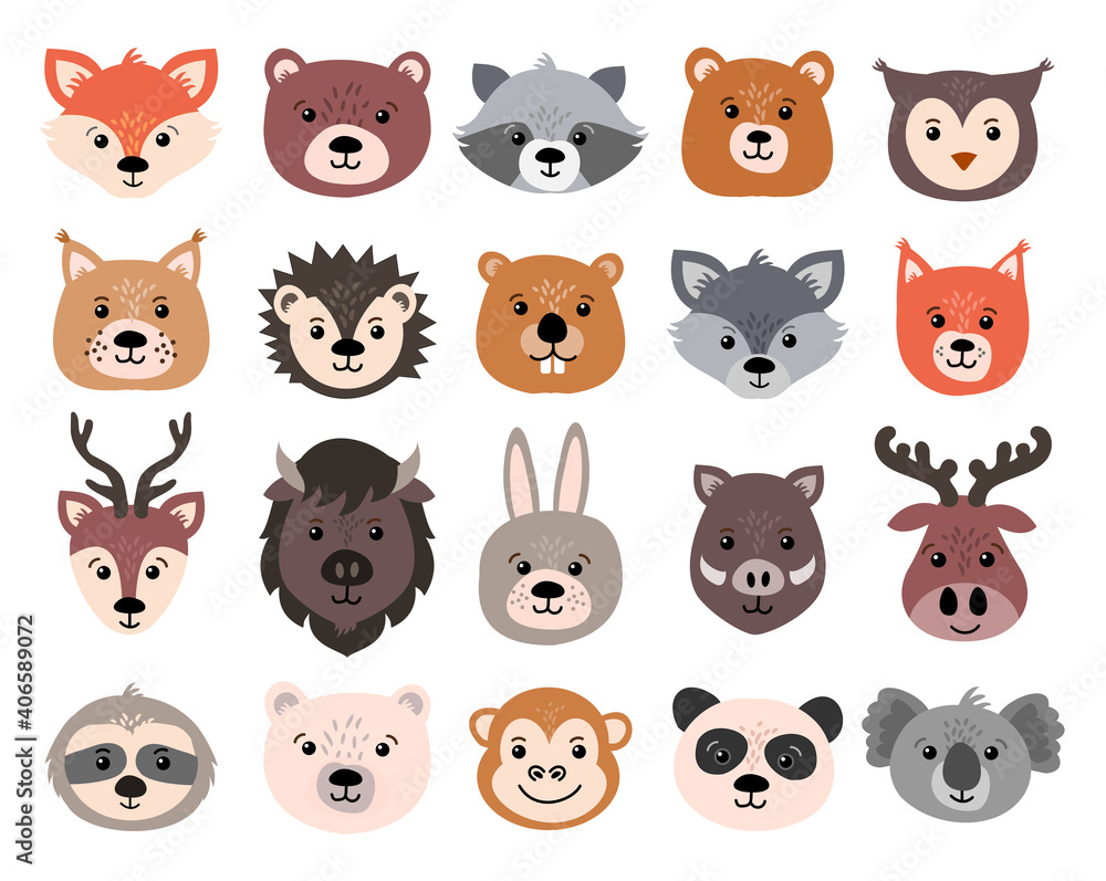 Fototapeta premium Beautiful set of child style woodland and exotic animals vector collection