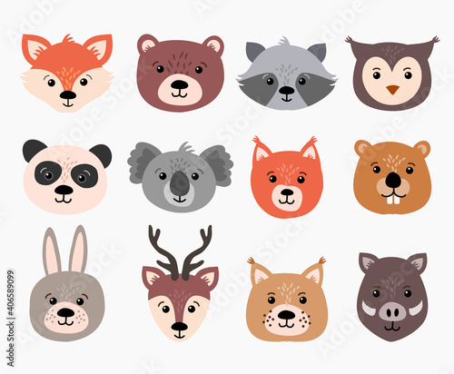 Beautiful set of child style woodland and exotic animals vector collection