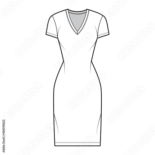 T-shirt dress technical fashion illustration with V-neck, short sleeves, knee length, fitted body, Pencil fullness. Flat apparel template front, white color. Women, men, unisex CAD mockup