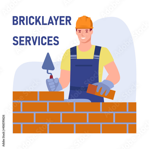 A male bricklayer worker in uniform is building a wall. Bricklayer services. Vector concept. Illustration in flat cartoon style.