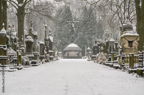 during snow in the cemetery