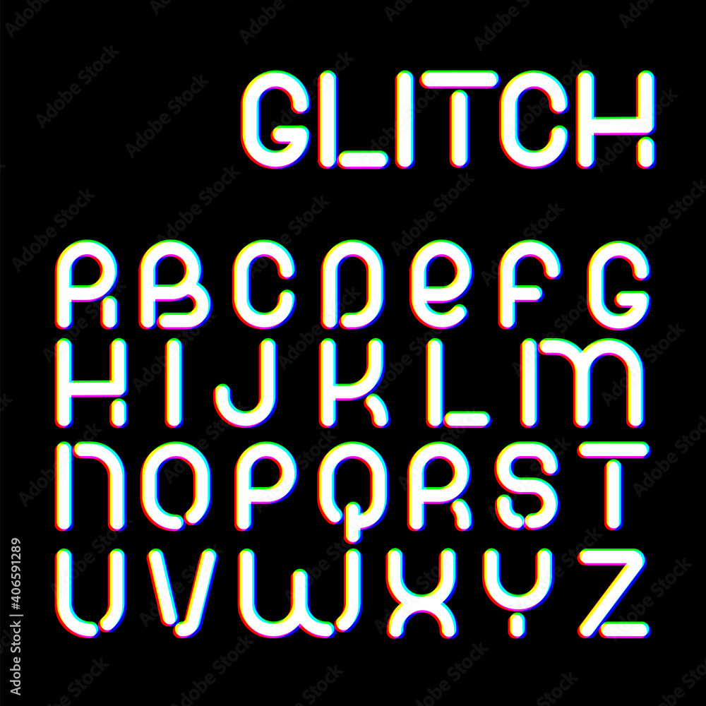 3d Glitch effect font. Latin letters from A to Z. Trending 2021 typerface design. For music events, banner, flyer, cover design. 3d Glitch effect font. Latin letters from A to Z. Trending 2021 typerface design. For music events, banner, flyer, cover design.