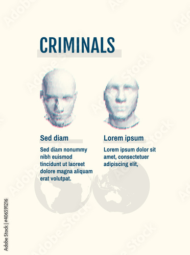 Wanted poster background with portraits of bandits for design. Digital dotted man's portraits. 3d vector illustration.