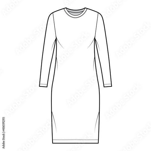 T-shirt dress technical fashion illustration with crew neck, long sleeves, knee length, oversized, Pencil fullness. Flat apparel template front, white color. Women, men, unisex CAD mockup