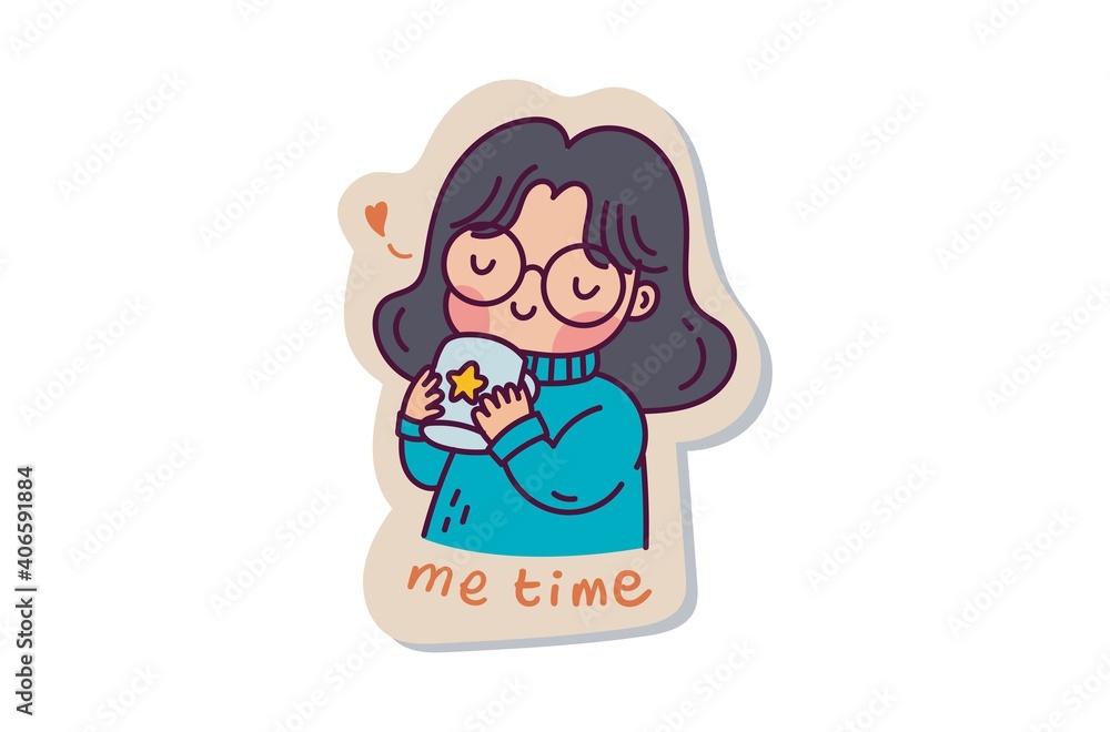Cartoon cute girl drinking chocolate sticker design Cartoon cute girl drinking chocolate sticker design