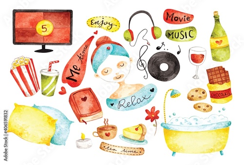 Me time concept doodle water color vector illustration