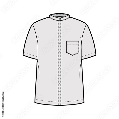 Shirt nehru collar technical fashion illustration with short sleeves, angled pocket, mandarin neck. Flat indian jacket apparel outwear template front grey color. Women men unisex CAD mockup