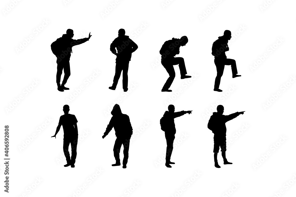 A set of people in different poses on a white background. Black silhouettes of guy isolated on white background.