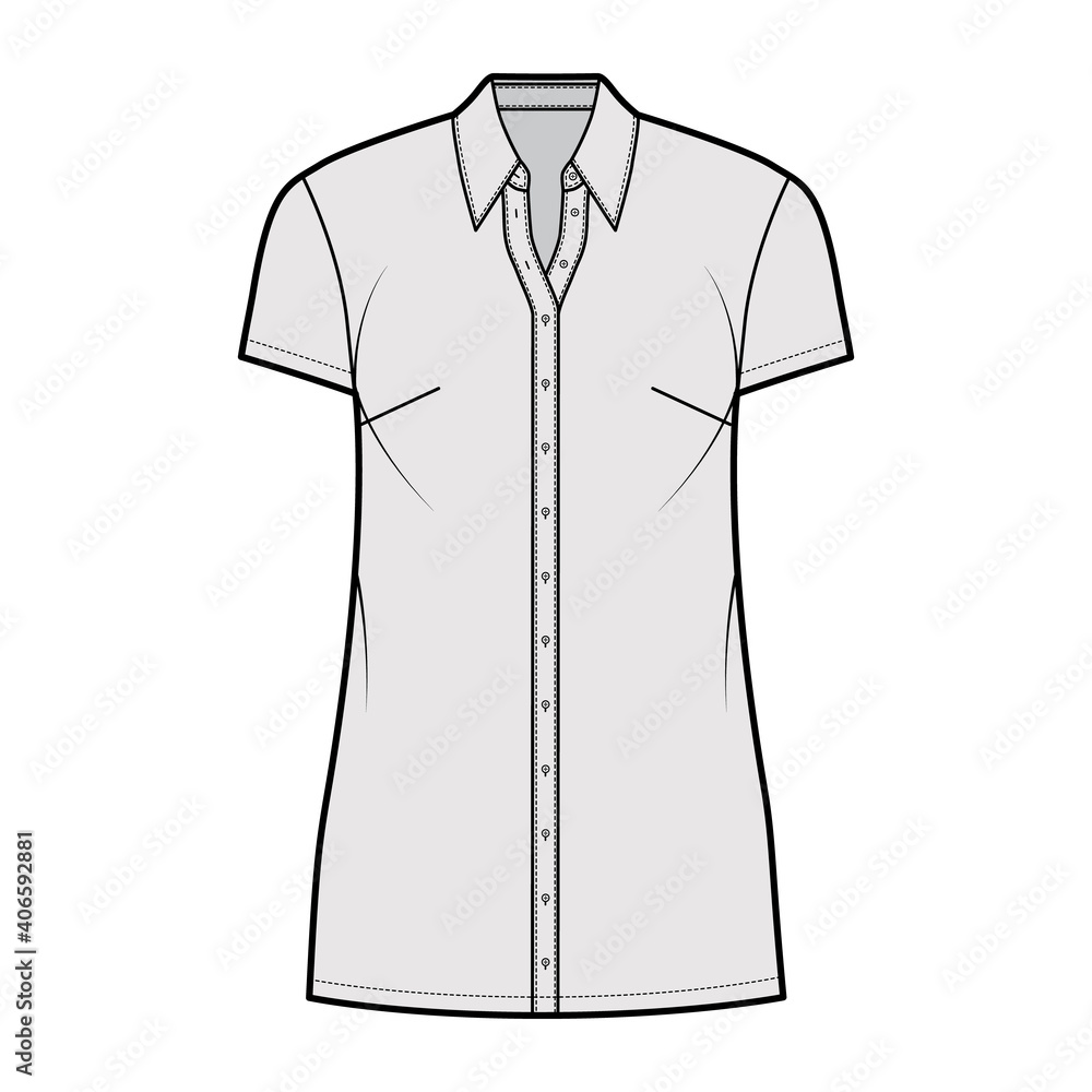 Shirt dress technical fashion illustration with classic regular collar, mini length, oversized body, Pencil fullness, button up. Flat apparel template front, grey color. Women, men, unisex CAD mockup